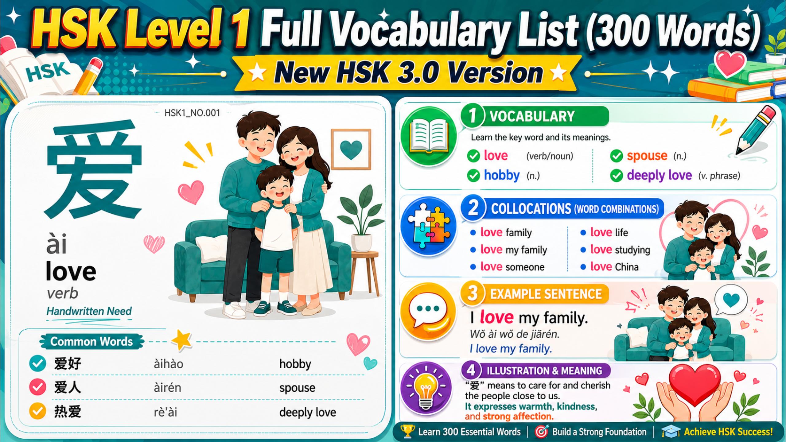 HSK Level 1 Full Vocabulary List - 300 Words in New HSK 3.0 (2026)