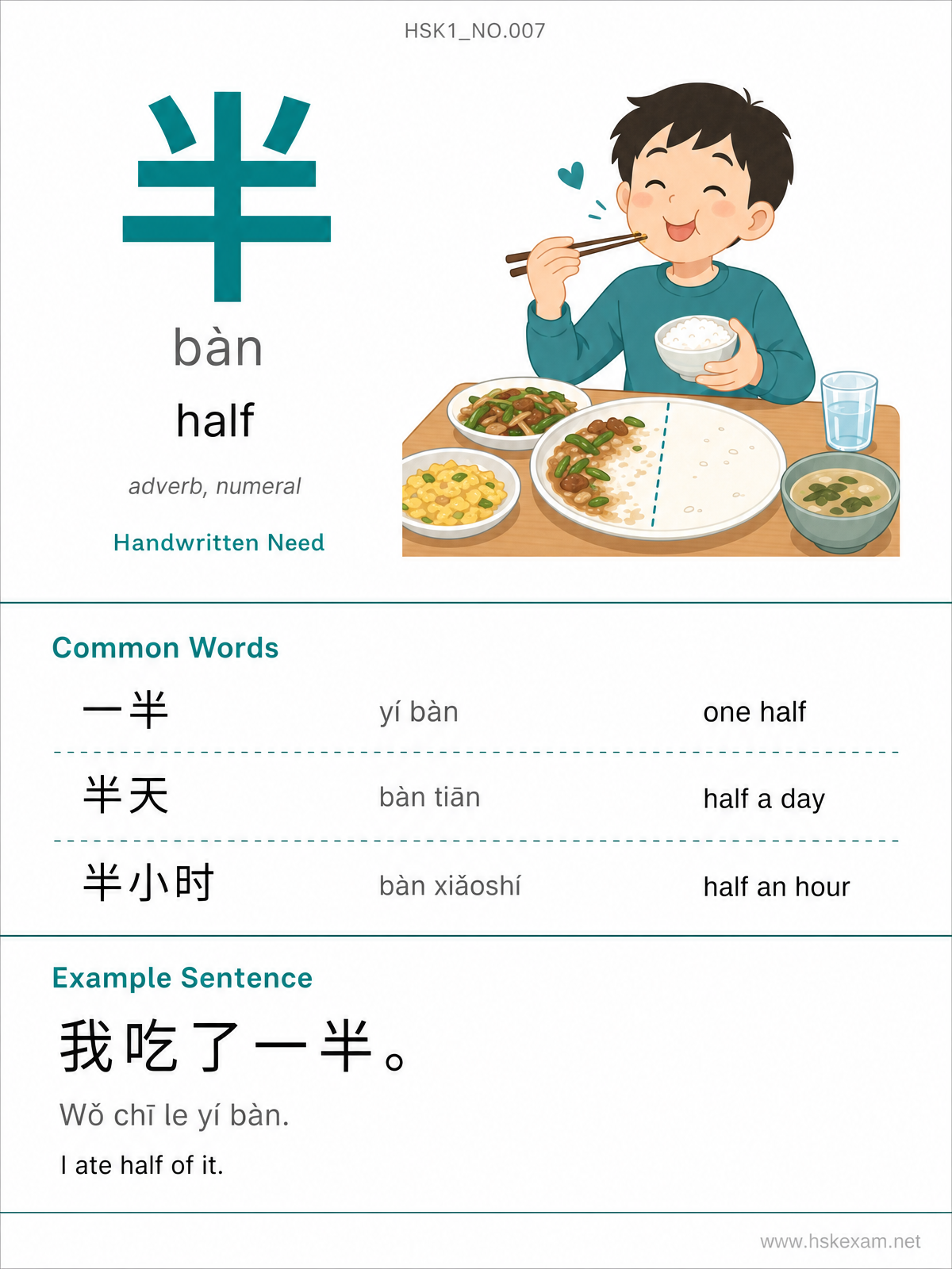 HSK 1 Flashcard: 半 (bàn)