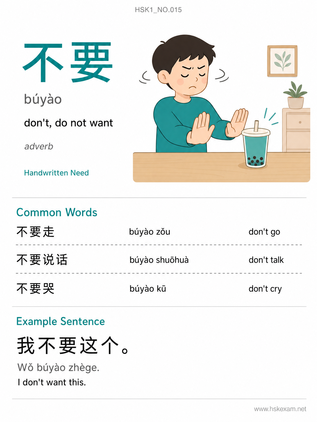 HSK 1 Flashcard: 不要 (búyào)