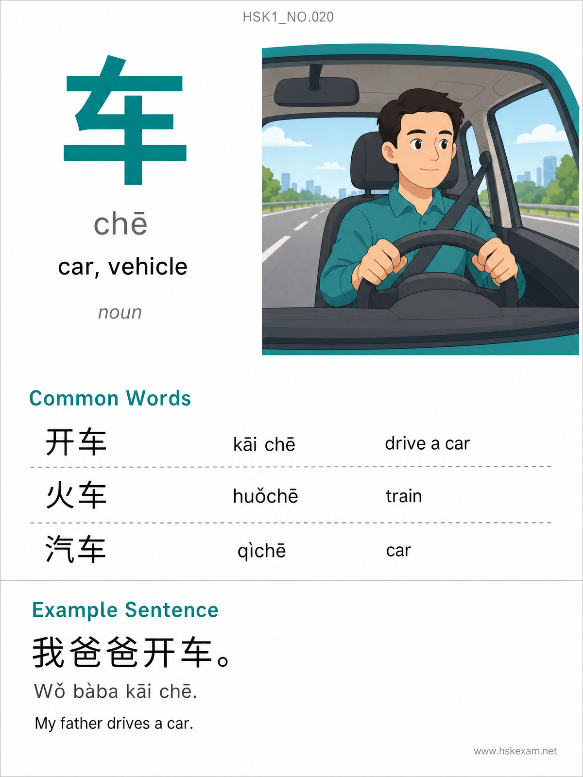 HSK 1 Flashcard: 车 (chē) — car / vehicle